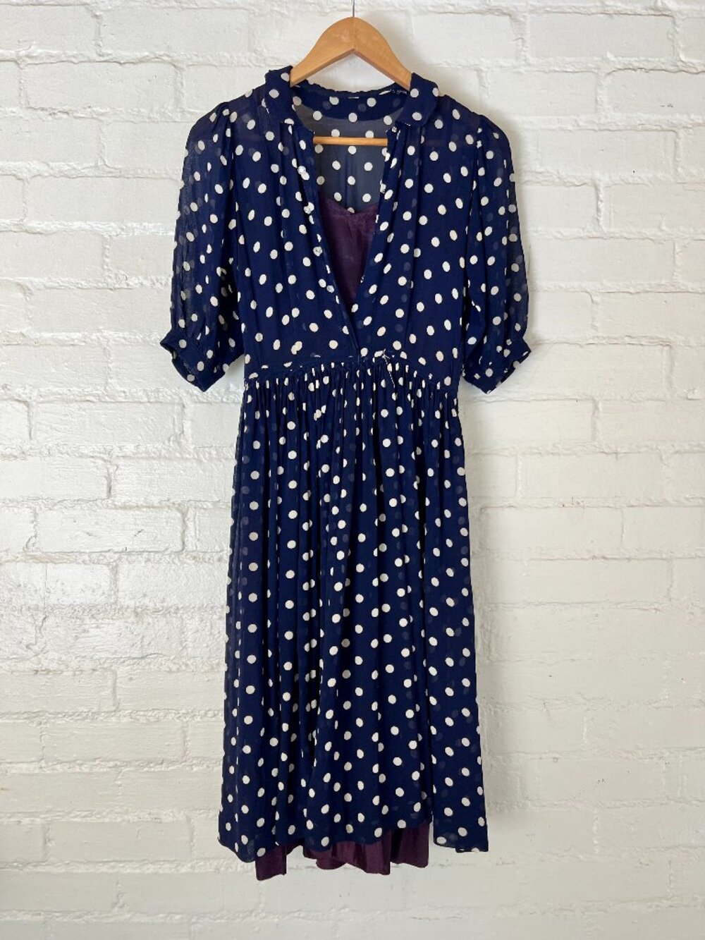 Vintage Old Hollywood 1940s Polka Dot Puff Sleeve Gathered Waist Dress with Slip